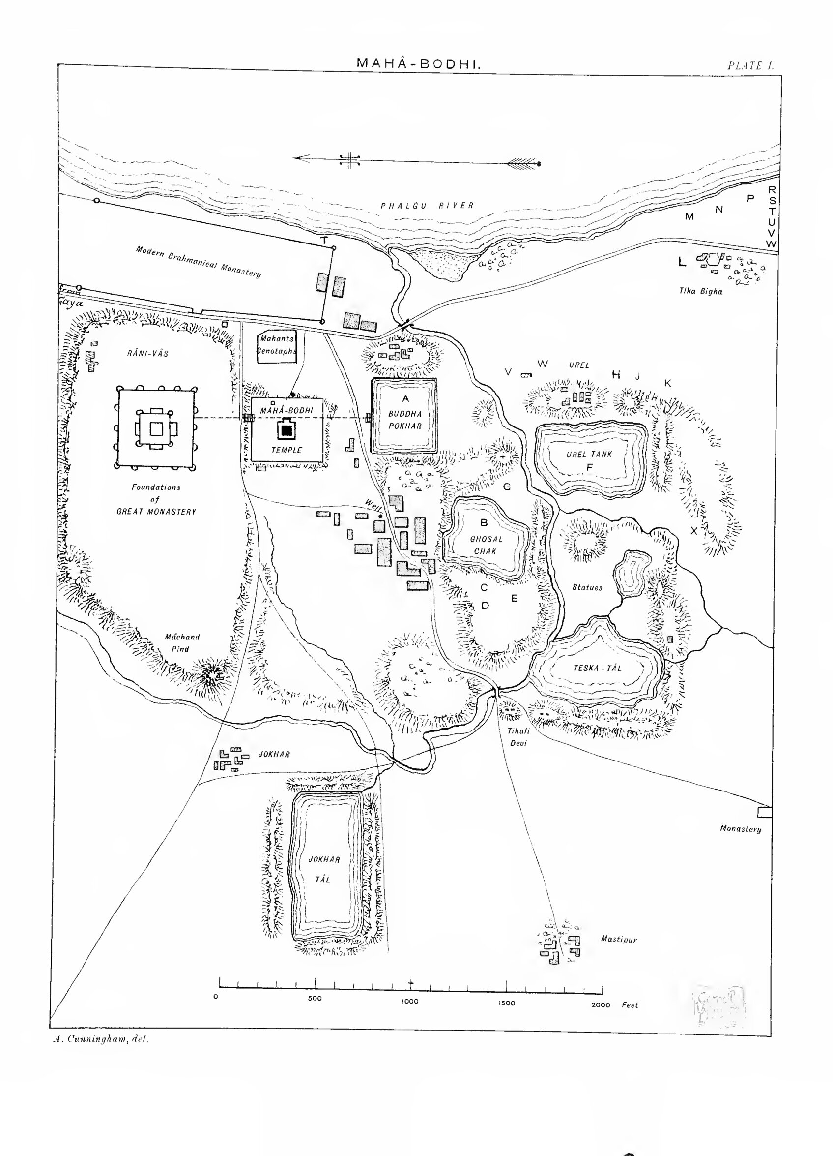 Cunningham’s map of the country around Mahābodhi: the temple, monastery mound, tanks and the Phalgu river