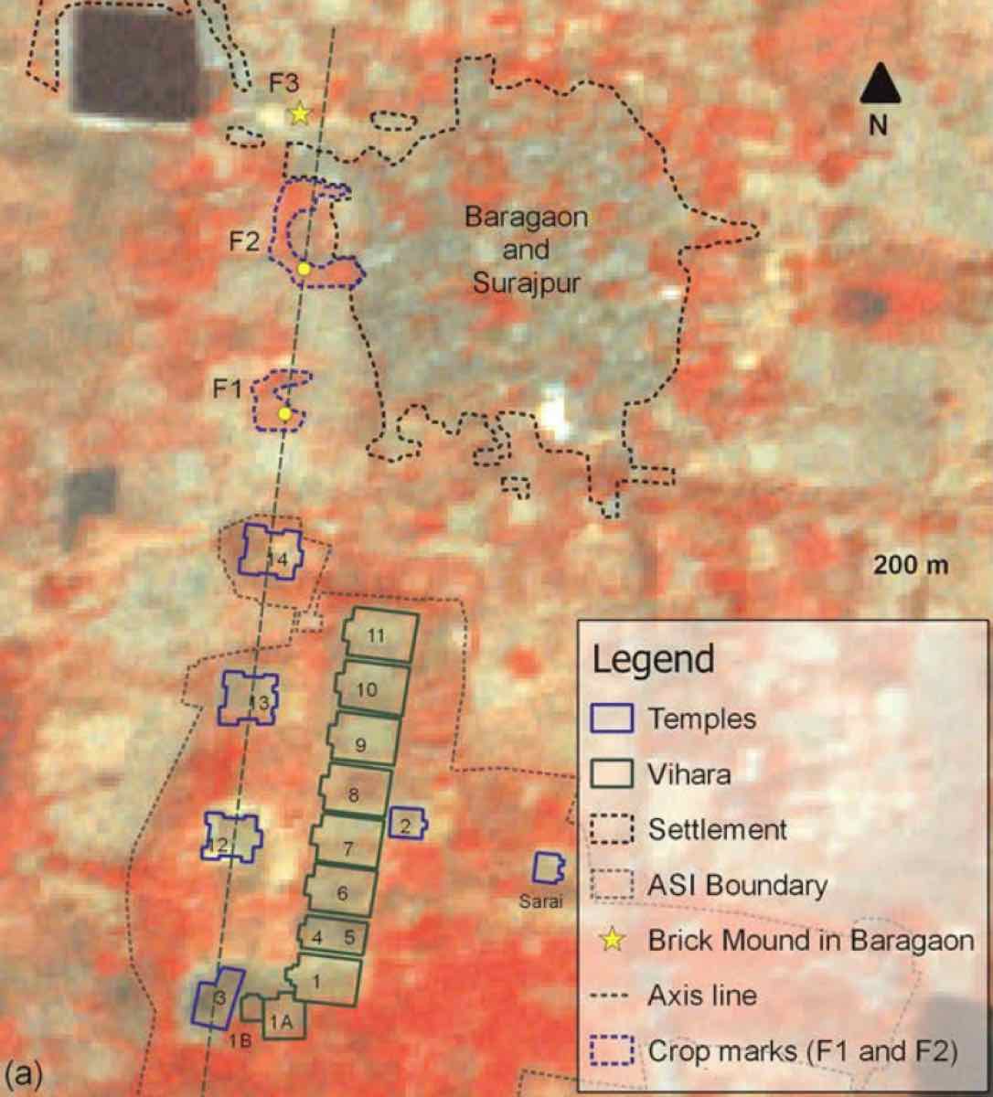 Multispectral satellite imagery showing crop-marks of buried temples north of the excavated site