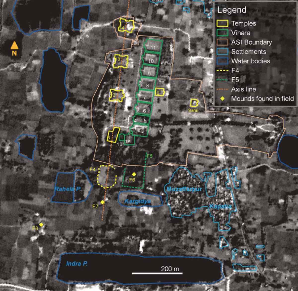Satellite view of the Nalanda environs with the excavated remains and surrounding mounds, tanks and villages
