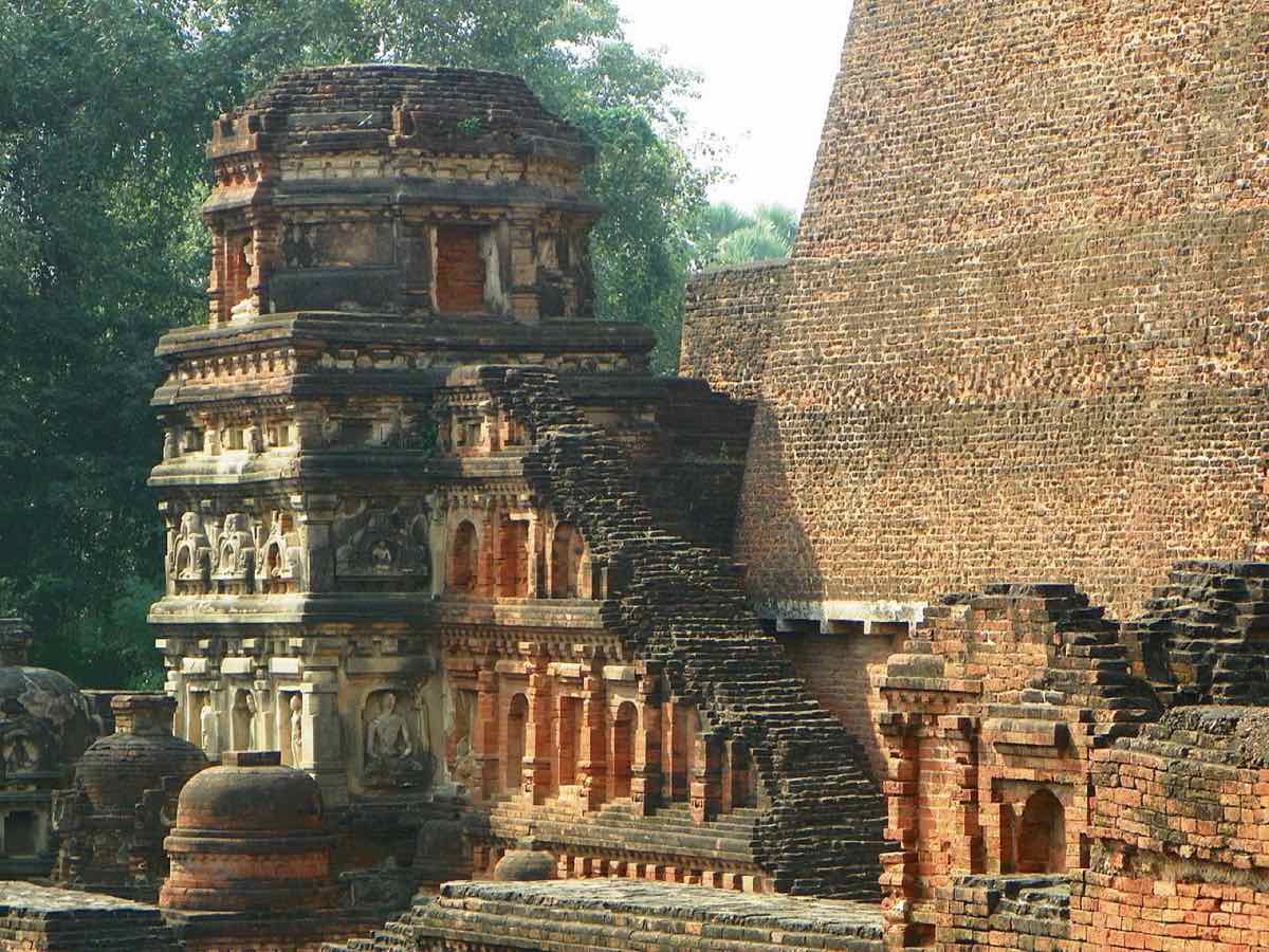 Brick towers and shrines among the excavated remains of Nalanda